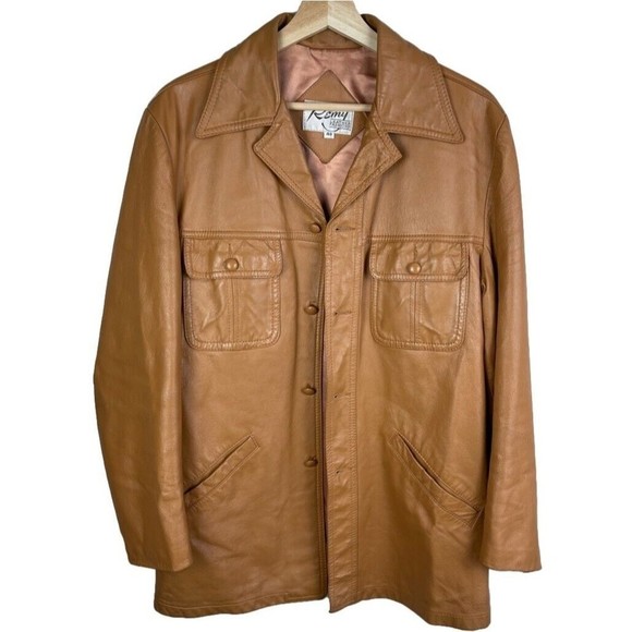 Vtg Remy Leather Jacket Mens Brown Single Breasted 4 Button Blazer Coat Size 40 - Picture 11 of 11